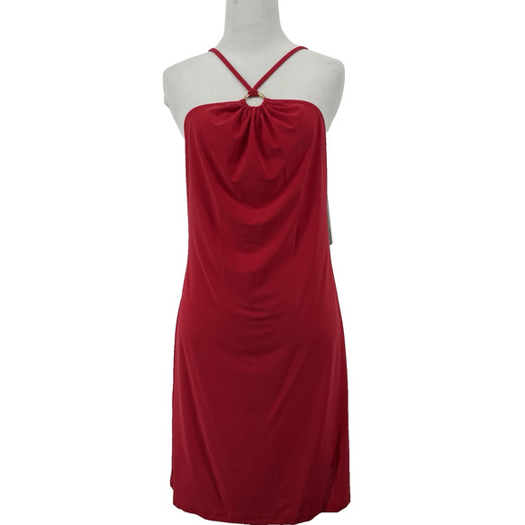 Bebe Size Large RUNS SMALL Red Slip Cocktail Dress Halter Sleeveless Solid NEW - Picture 1 of 7